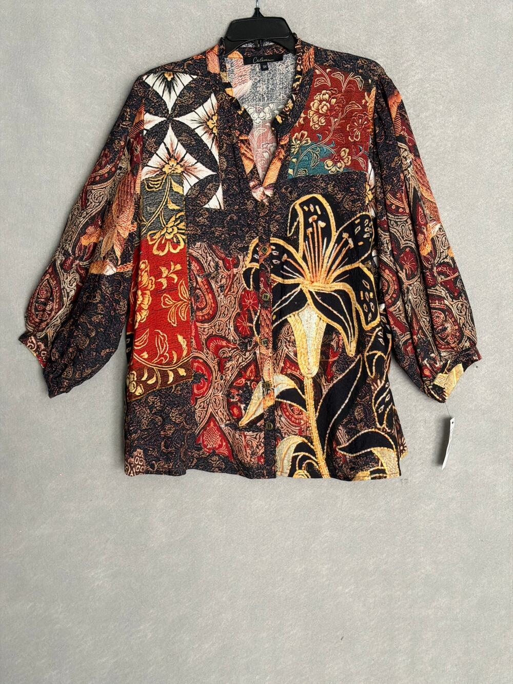 Calessa Paisley Split V-Neck Top Tunic 3/4 Sleeve Button Front Women's 3X NEW